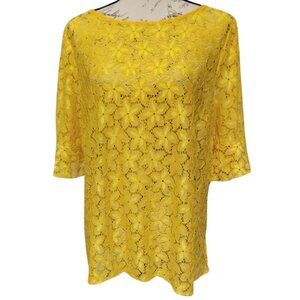 Womens‎ Lace Top Ruffle Bell Sleeve XL Gold Yellow Sheer Fall Floral Mature